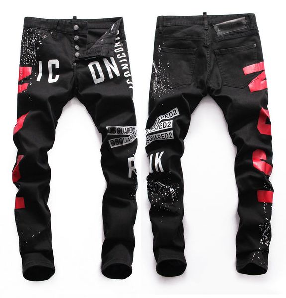 

оп мђжкого letter printed black jeans моделеѬ slim fit  низкой алией biker denim бѬки hip hop бѬки, Blue