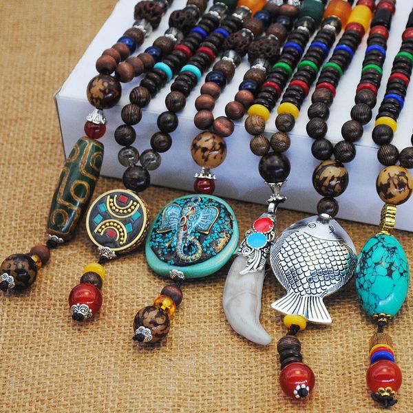 Vintage Handmade Nepal Necklace Buddhist Mala Wood  Pendant & Necklace Ethnic Horn Fish Long Statement Jewelry Women Men