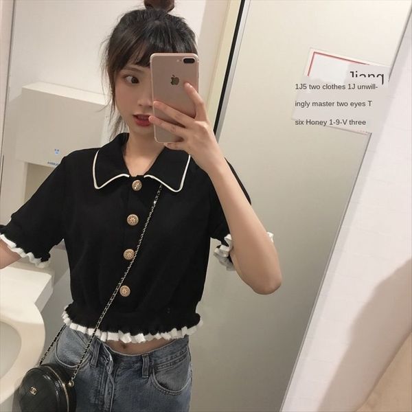 

zhenzhen home black knitwear wooden ear home furnishing slim short sleeve polo shirt female short academic style, White