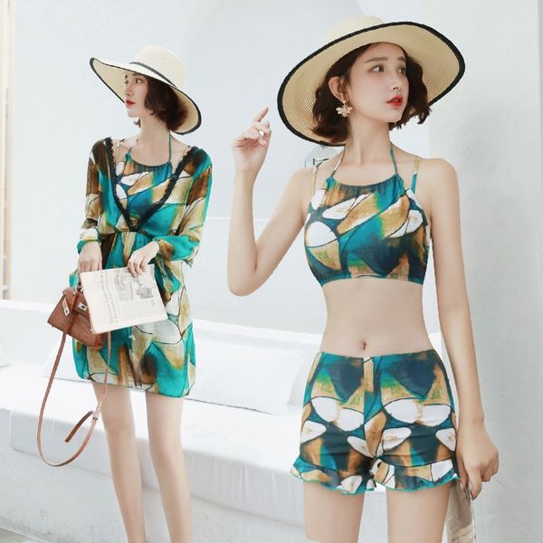 

kd3nm women's three-piece set split skirt style small chest gathered swim swimsuit conservative belly-covering slim small fragrant swi, White;black