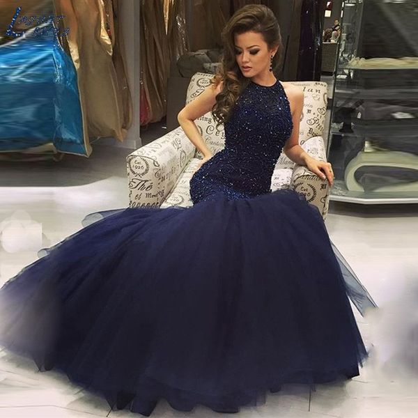 

new luxury halter beaded tulle mermaid evening dresses backless crew party long prom dresses formal gown robe de soiree robe longue, Black;red
