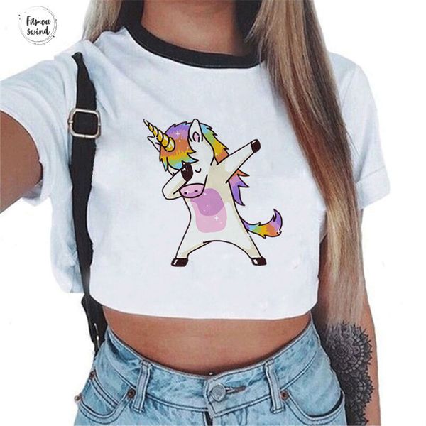 

2019 harajuku funny t shirt women kawaii unicornio t shirt female crop unicorn tshirt licorne tees cropped, White