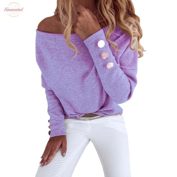 

women off shoulder purple womens solid color casual long sleeve womens polyester button shirt blouse 4, White