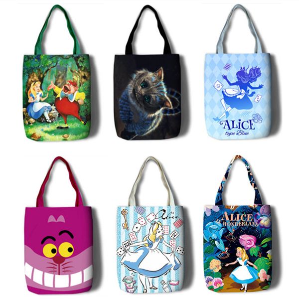 

casual canvas shoulder bags women cartoon alice in wonderland cheshire cat reusable eco shopping bags girls school book bag