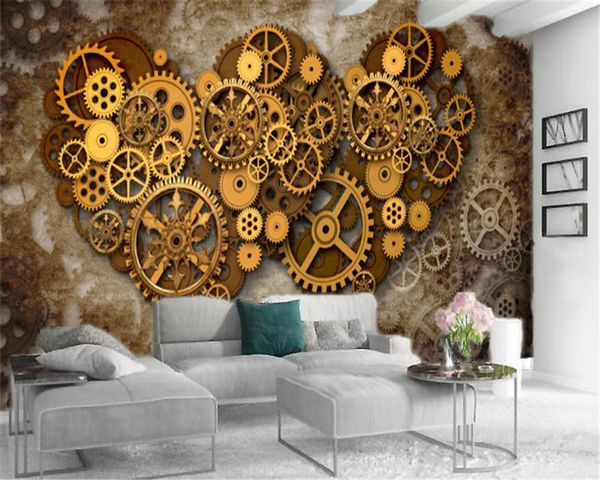 Foto feita sob encomenda 3D Wallpaper de Ouro engrenagem ilustração do amor Impressão Digital Retro HD decorativa bonito Wallpaper
