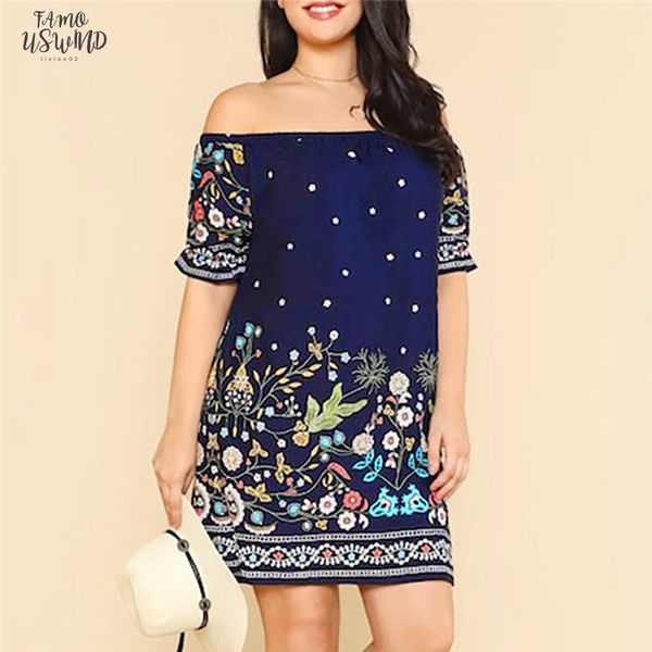 

summer off shoulder dresses plus size women slash neck short sleeve flower printed lady vestidos tallas grandes mujer 15, Black;gray