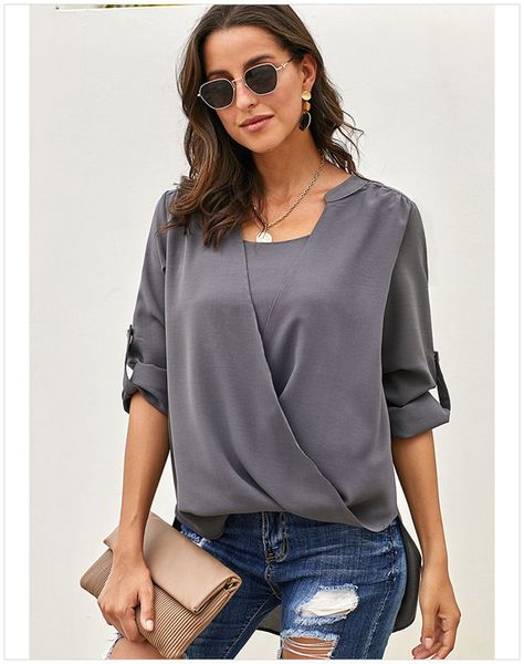 

solid loose-fit front in cross shirt capri roll sleeve women autumn spring v neck plus size s-xxl blouse dlm252339, White