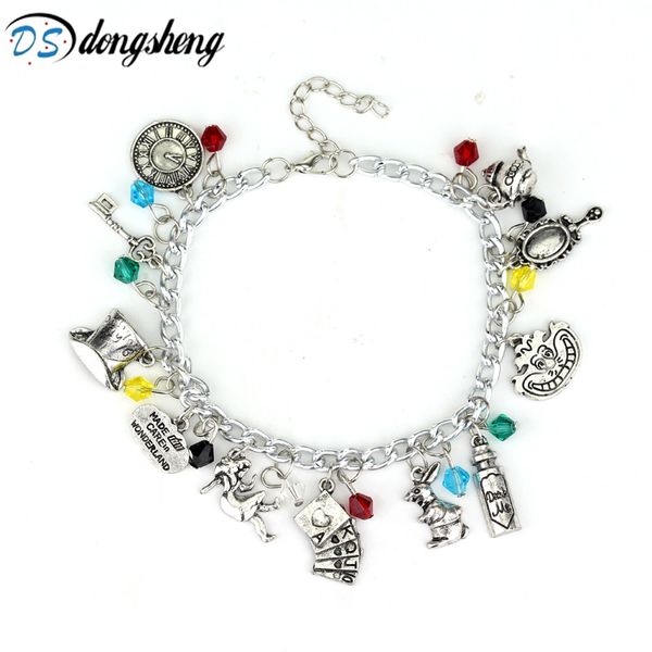 

alice in wonderland charm bracelets&bangles fairy tale story hat key clock red crystal beads bracelet fashion women -25, Black