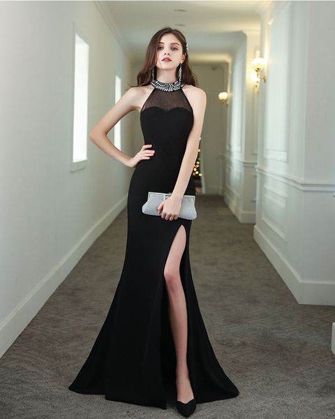 

бисером русалка сплит вечерние платья с холтер шеи 2020 abendkleider черный длинное вечернее платье для вечеринки abiti da sera, Black;red