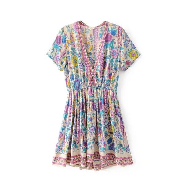 

women purple love-birds floral print mini chic dress v-neck short sleeve boho dress new summer 2019 beach casual holiday seaside dresses, Black;red