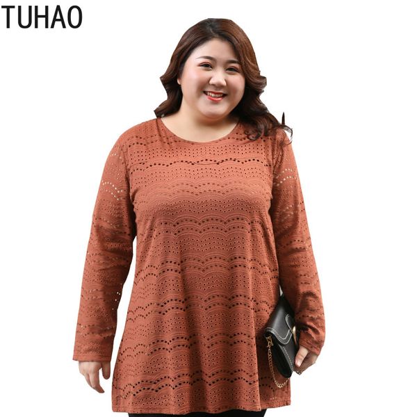 

tuhao large size 7xl 6xl 5xl office lady women blouses women long sleeve blouse cotton hollow out casual shirts female, White