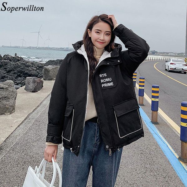 

2019 autumn winter coat women hooded parka female warm jacket lady letter print loose pocket black white blue korean fashion d74