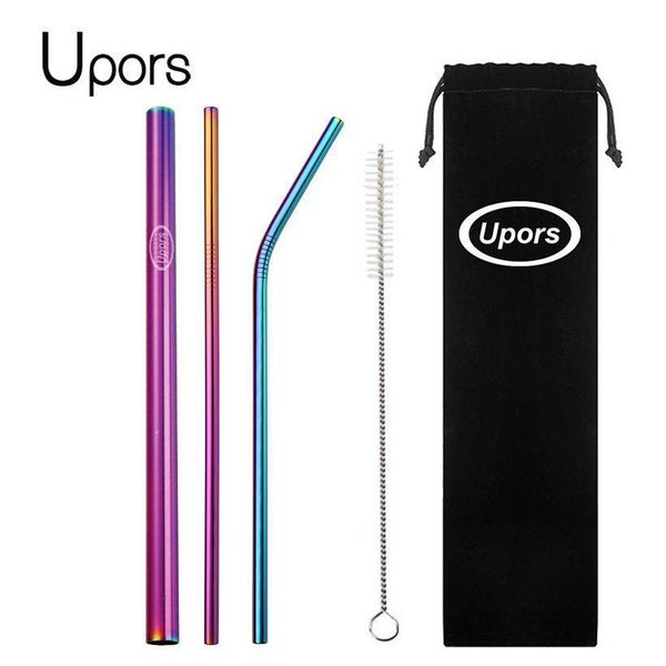 

5pcs eco friendly reusable straw 304 stainless steel straw metal smoothies drinking straws set with brush & bag