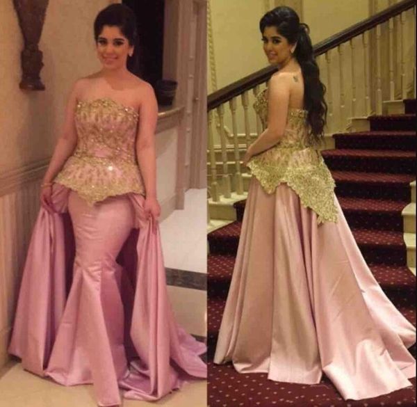 

2019 Pink Princess Mermaid Evening Dresses Gold Lace Appliques Elegant Formal Weddings Guest Dress Sexy Prom Gowns