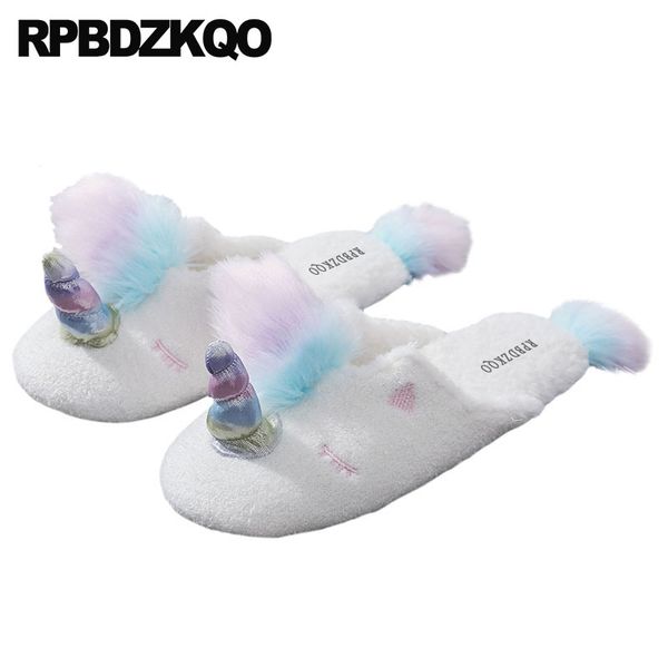 

cute slides slippers cartoon fur most popular products plush women shoes funny winter animal embellished unicorn slip on white, Black
