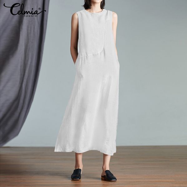 

celmia vintage women maxi long dress ladies casual loose cotton summer sundress sleeveless party vestidos robe plus size, Black;gray