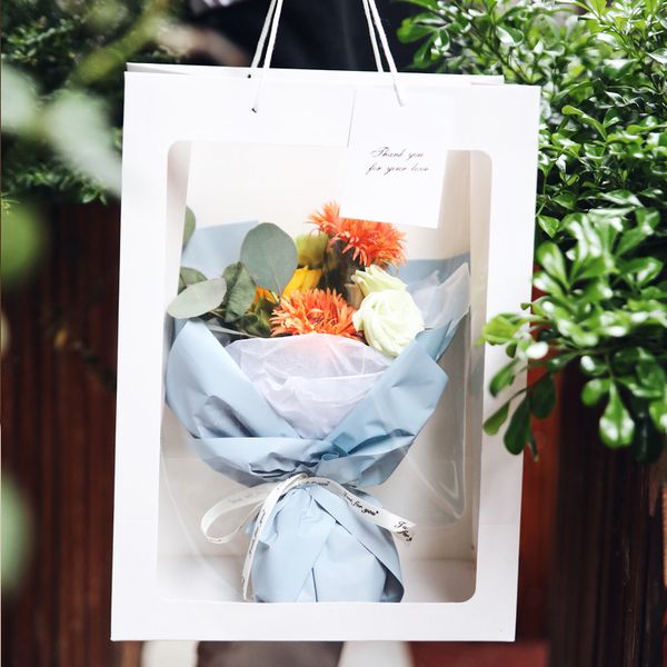 

25*35*15cm portable flower bag with clear window floral gift packaging paper bag for birthday wedding party