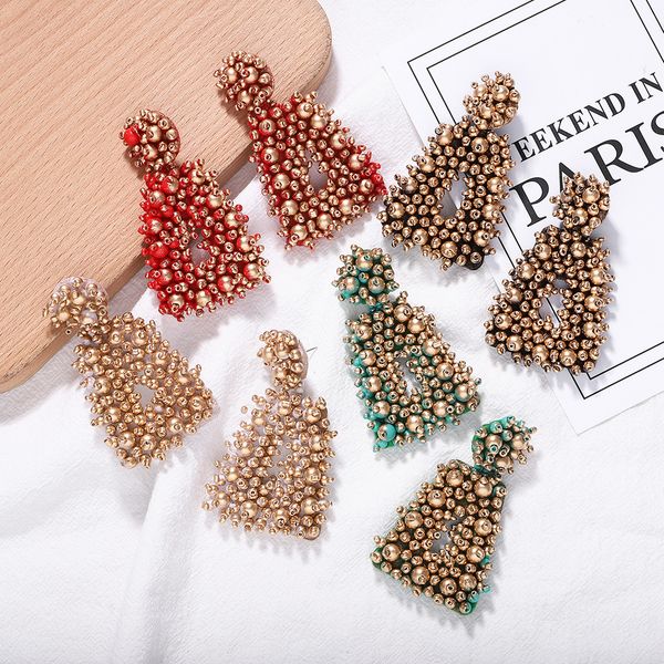 

wholesale- fashion designer exaggerated beaded geometry box pendant stud earrings for women girls 4 colors, Golden;silver