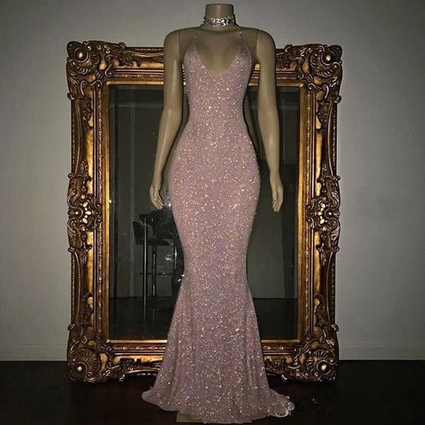 

Sparkle Rose Pink Sequined Prom Dresses Long Sexy Halter Mermaid Sleeveless 2019 Evening Gowns (Special Occasion Party Dress