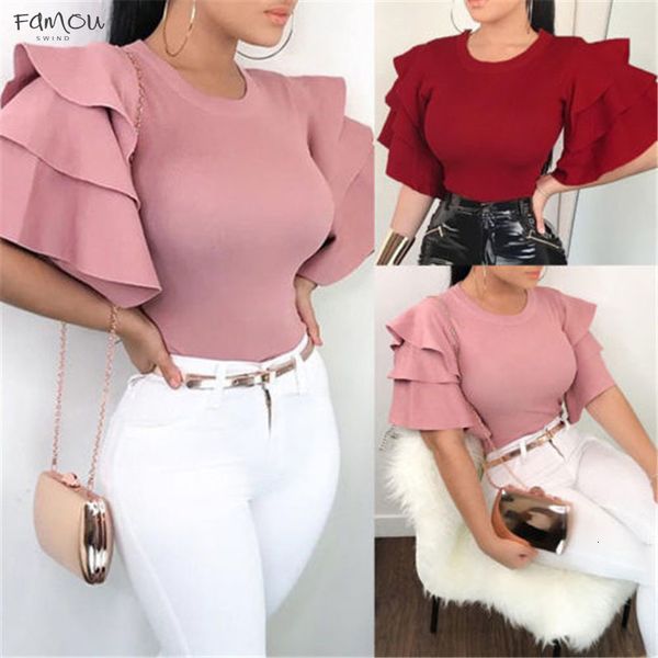 

Hot New Sale Women Summer Plus Size Flare Sleeve Ruffles Blouses Ol Work Solid Top Women Ladies Color Shirts