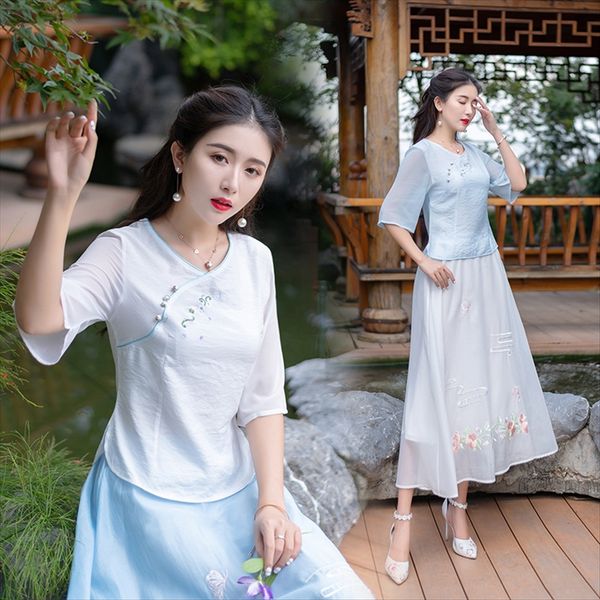 

drunk spoiled d1202 artistic hipster embroidered cotton and linen women's 2020v-neck slim with shirt cotton and linen shirt middle slee, White