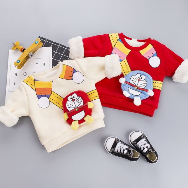 

winter cartoon robot cat leisure plus velvet thickening new boys and girls long sleeve sweater single piece with bag, Black