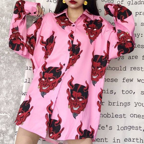 

harajuku demon print shirt blusas women ulzzang long sleeve punk gothic casual loose short sleeve shirt women female, White