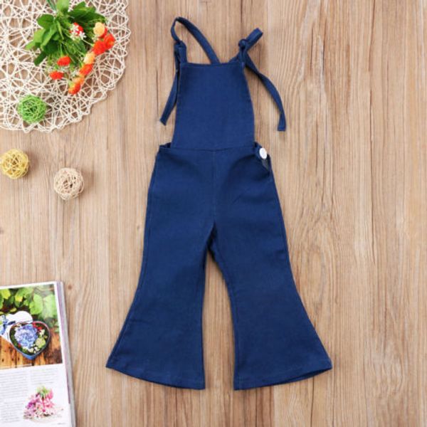 

fashion baby girl sleeveless backless strap denim overall girls romper toddler jumper kids bell bottom trousers summer clothes, Blue