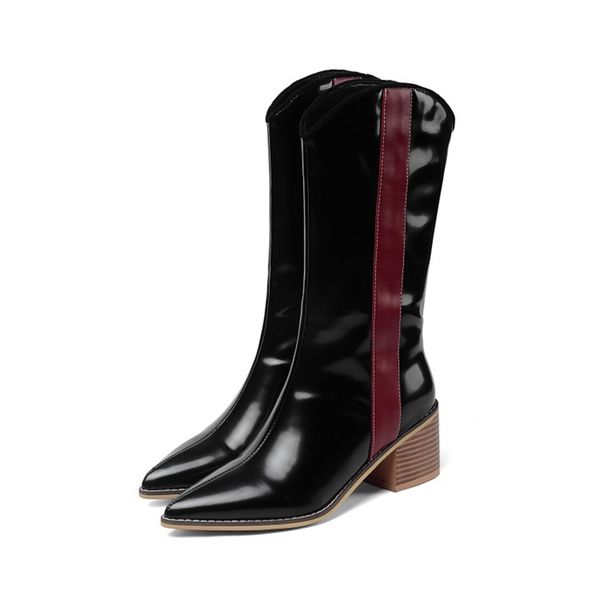 

boots women winter genuine leather mixed colors mid-calf square high heel short pointed toe quality western 6261-1, Black