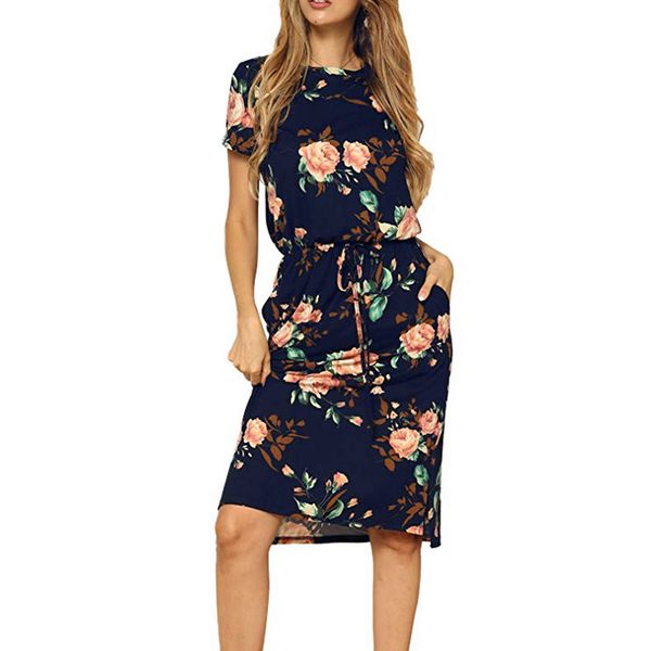 

women dress summer fashion women floral printed short sleeve casual pockets party beach midi dress short sleeve sundress, Black;gray