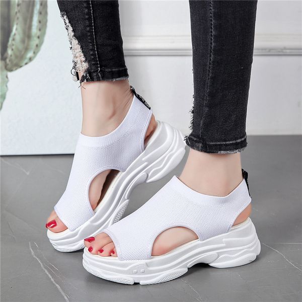 

female sandal open toe all-match fashion womens shoes 2020 sandals elastic band with heel strappy heels muffins shoe, Black
