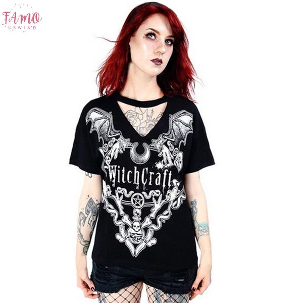 

witch t shirt women gothic punk black girls magic shirt v neck witch style short sleeve ladies tshirt plus g8, White