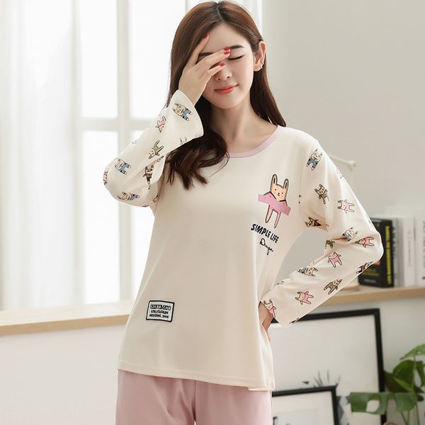 

2019 new women pajamas set soft knitted cotton sleepwear cute cartoon long seleeve home clothes night wear suit pyjama femme, Blue;gray