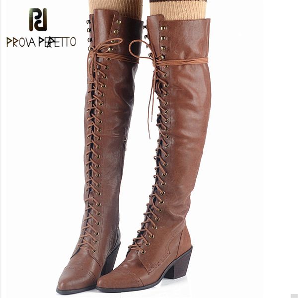 

prova perfetto cross-tied genuine leather warm over the knee boots retro soild point toe metal decoration high heel boots, Black