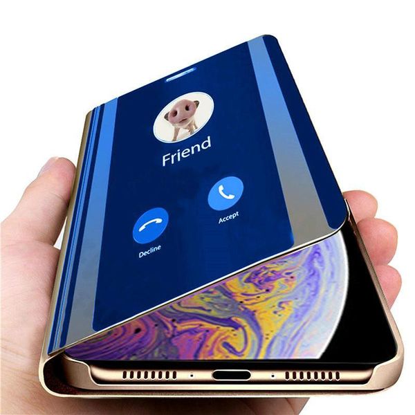 

leather standing for iphone xr xs max luxury smart mirror flip phone case for iphone 6 6s 7 8 plus x cover