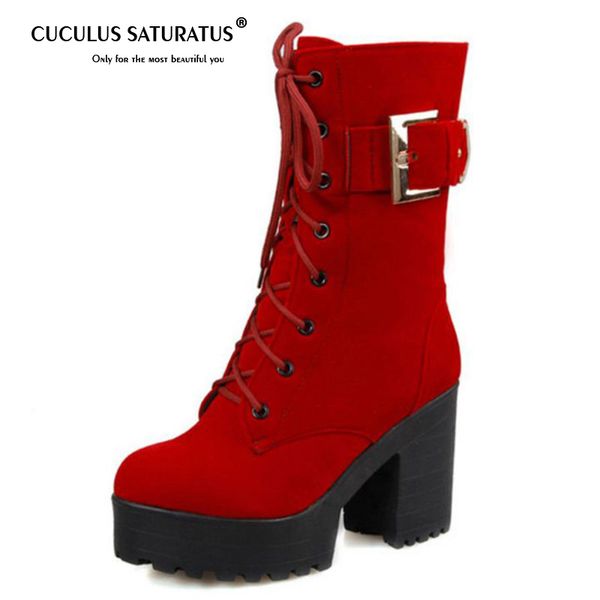 

cuculus 2019 women half short boots winter buckle shoes lace up shoes woman high heel snow boots ladies 1201, Black