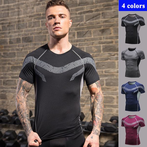 

men's printed fitness short-sleeved training running sportswear breathable high elastic quick-drying tight t-shirt 91201, Black;blue