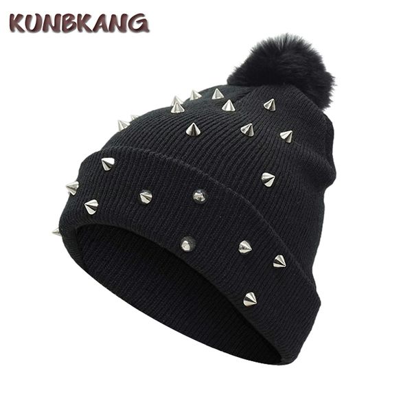 

women girls rivet winter pompom beanies hip hop punk ball knitted hat warm bonnet street spikes winter wool skullies female cap, Blue;gray