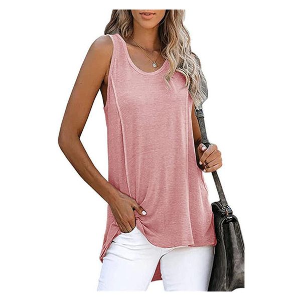 

women's summer solid color casual sleeveless vest pullover straight cozy tank round neck loose long shirt, White