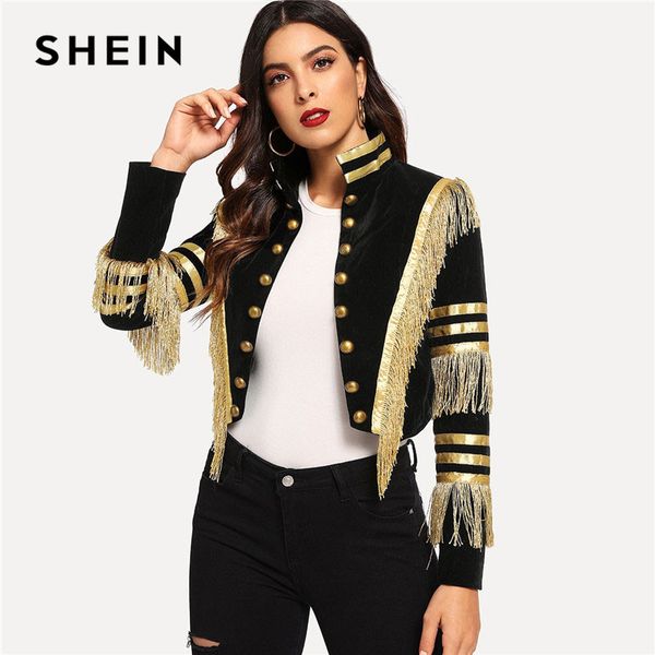 

shein lady fringe patched metallic double breasted stripe black gothic jacket women autumn stand collar cropped jacket, Black;brown