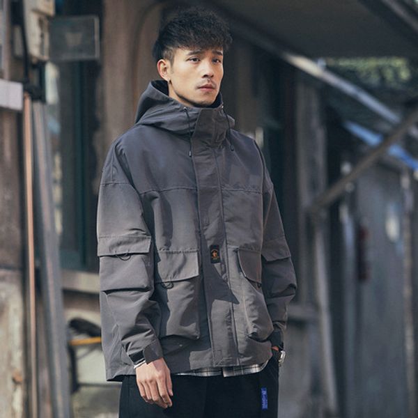 

new fashion hooded casual loose light jacket tooling pocket men's jacket, Black;brown