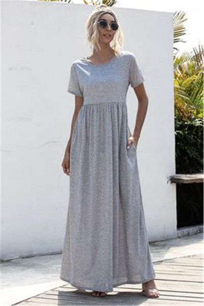 

swing dresses summer designer female long dress solid color short sleeve dress women fashion new round neck casual pocket, Black;gray