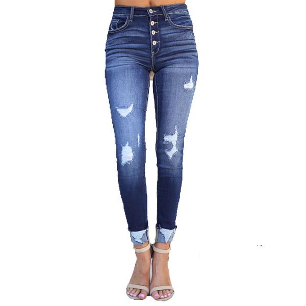 

manufacturers direct selling wish selling women's jeans pin buckle with holes slim fit slimming cowboy trousers, Blue