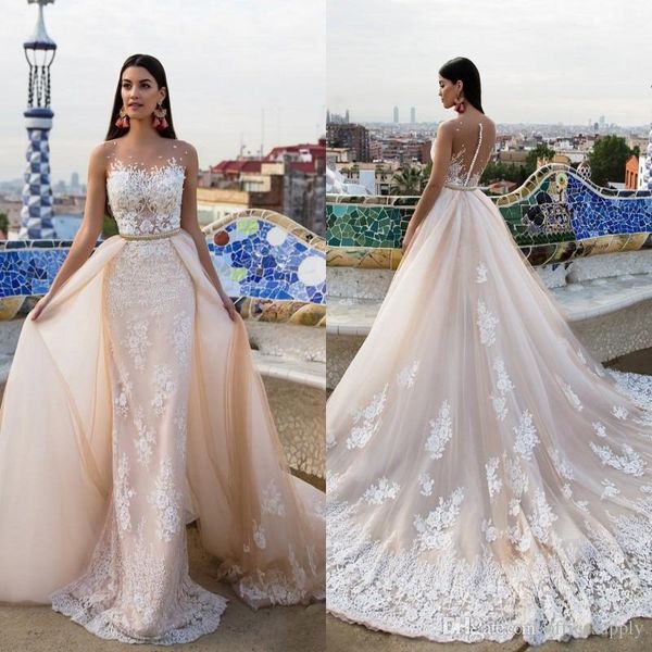 

robe de mariage new amazing long wedding dresses 2019 crew neck cap sleeve chapel train a-line lace bridal gowns with removable train, White