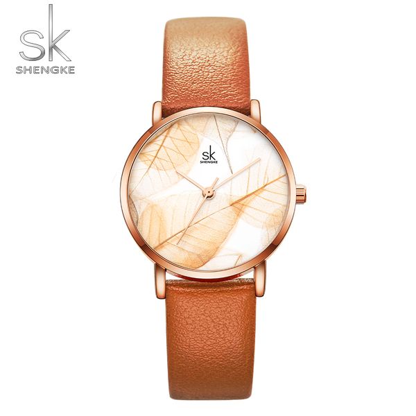 

shengke new women watches creative leaves dial bright leather strap quartz clock fashion casual ladies wristwatches montre femme, Slivery;brown
