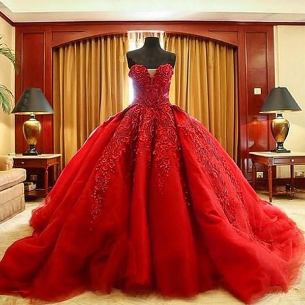 Michael Cinco Dresses Red Sweetheart Lace Abito da ballo per perle di paillettes abiti da sposa abito da sposa su misura per lo sweep treno Vestitido de nolia