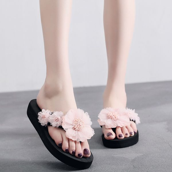 

2019 summer modern lady fashion flip- flop women slip-on open toe flower wedges color soft elegant slipper shoes for women, Black
