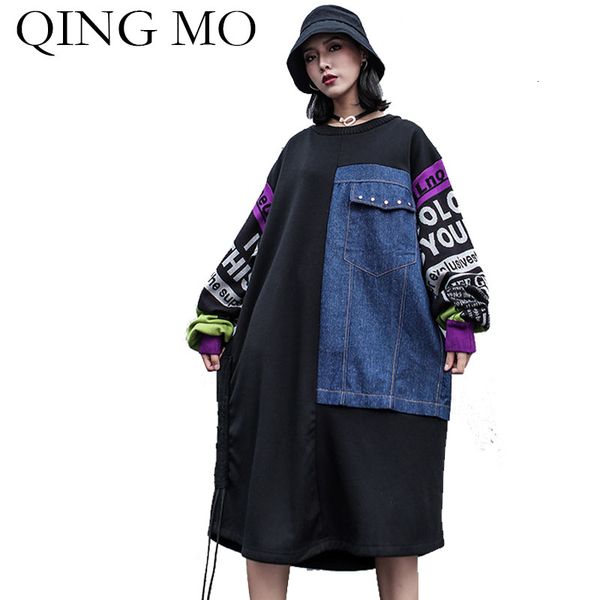 

qing mo plus size women winter sweatshirt 2019 women denim patchwork sweatshirt letter streetwear loose zqy2217, Black;gray