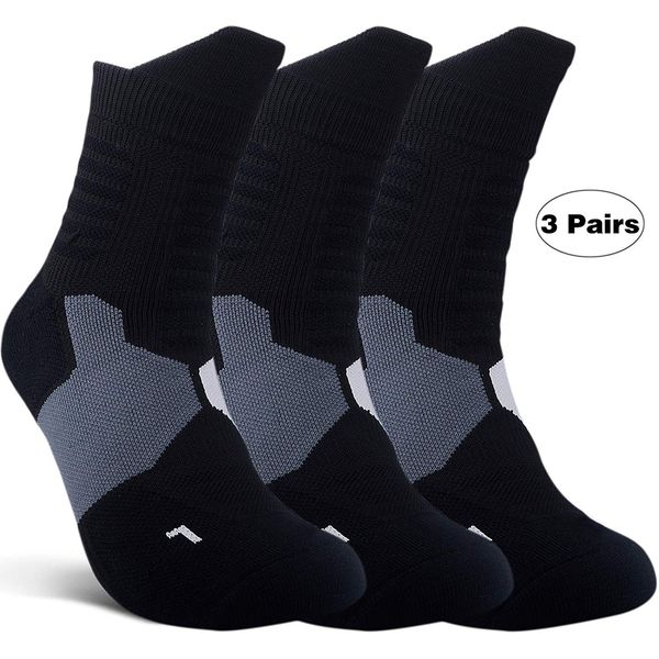

3 pairs thick protective sport cushion elite basketball compression athletic socks for women men boys, Black