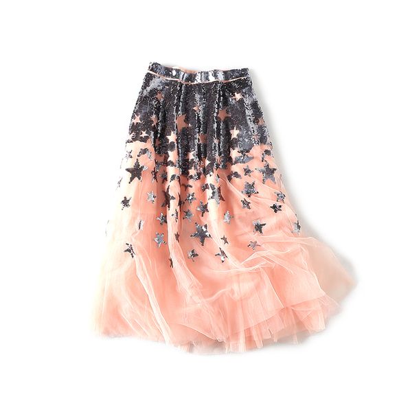 

новые 2019 звезды вышитые блестки финк длинные юбки 3650, Black